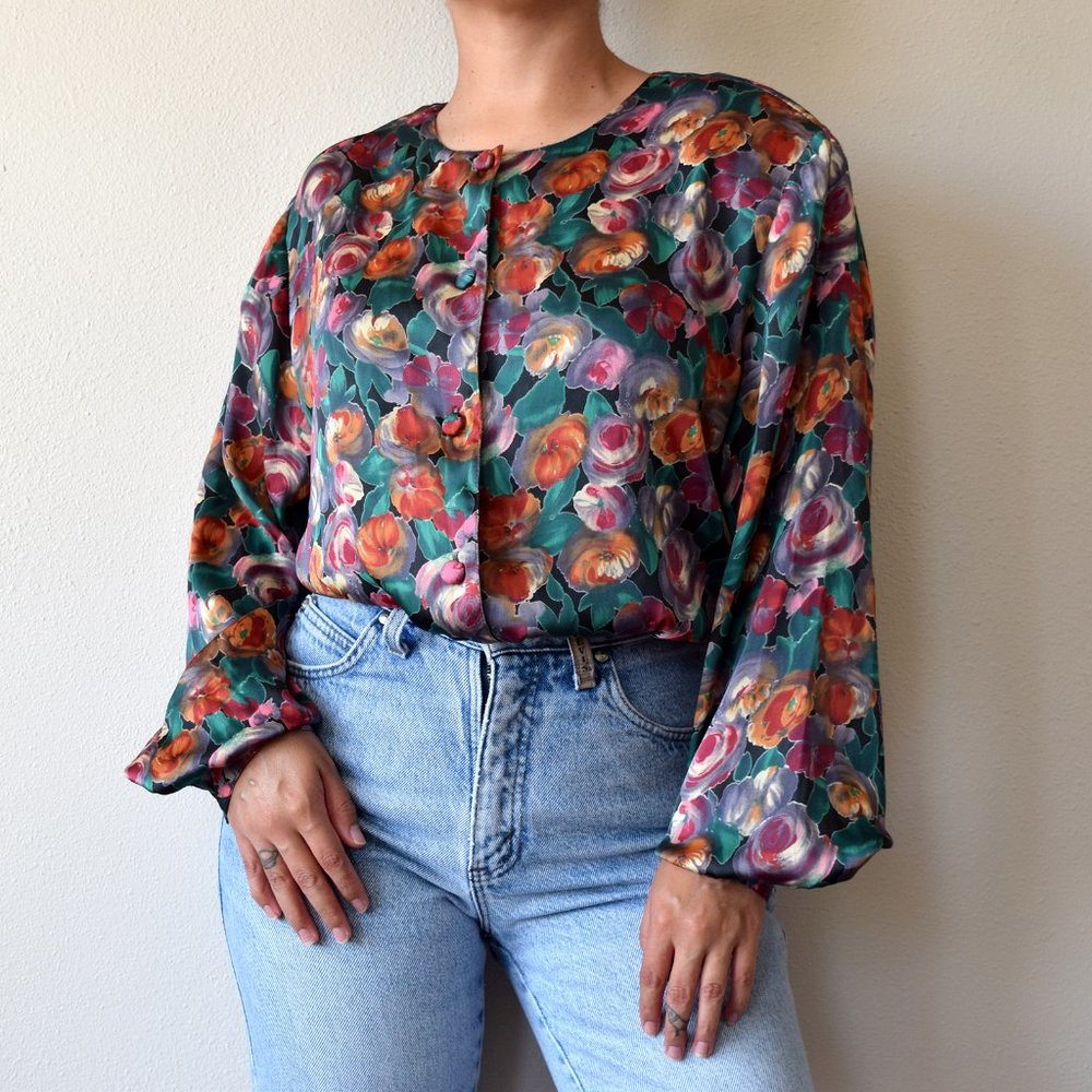 vintage 80s bright colorful floral print satin blouse size 12